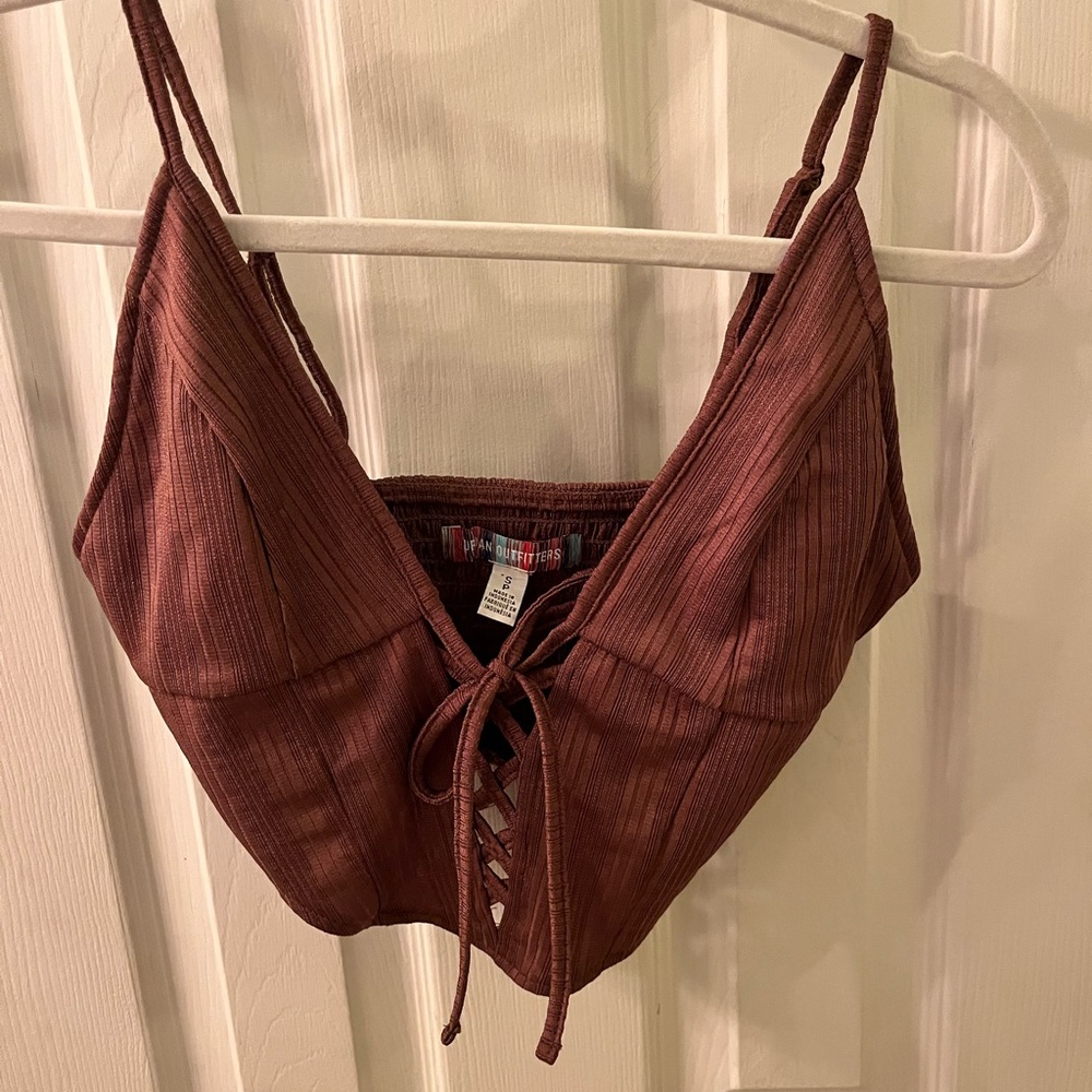 Brown Lace-Up Ribbed Crop Top